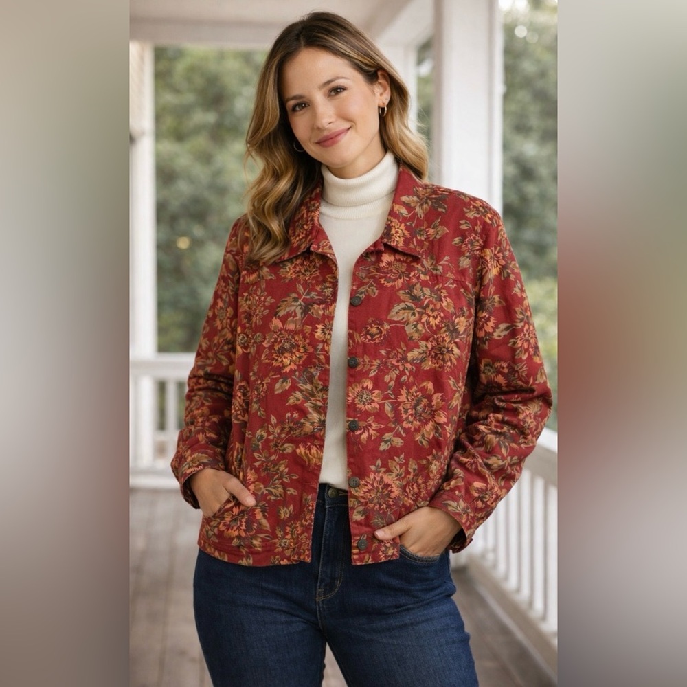 Alfred Dunner Floral Denim Jacket Women’s Red Cottagecore Button Front Lined. 18